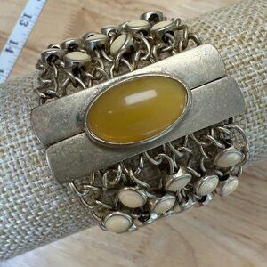 Monet Vintage Magnetic Bracelet With Yellow Cabochon & Cream Enamel Accents Size